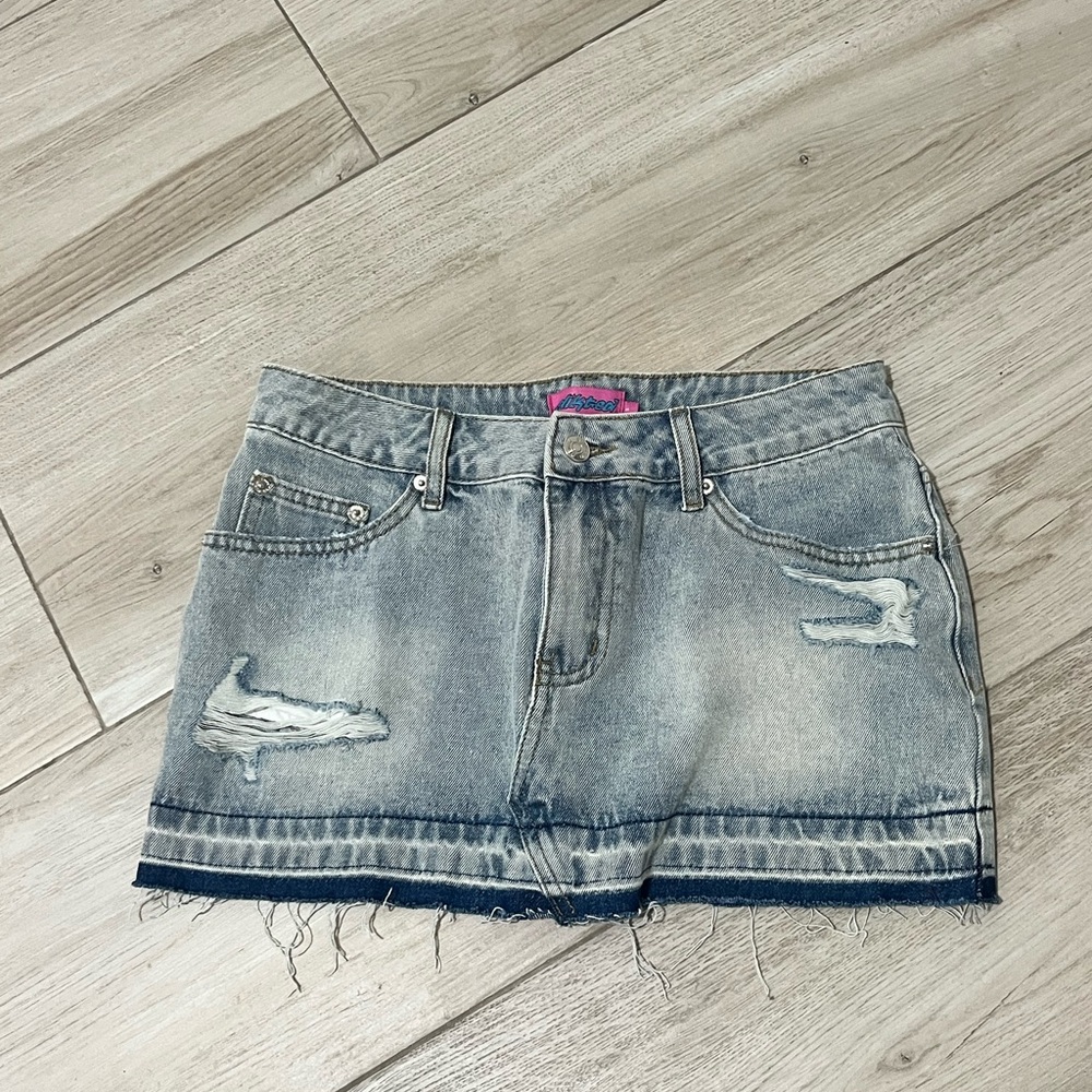 Edikted Priyanka Distressed Denim Mini Skirt - Blue